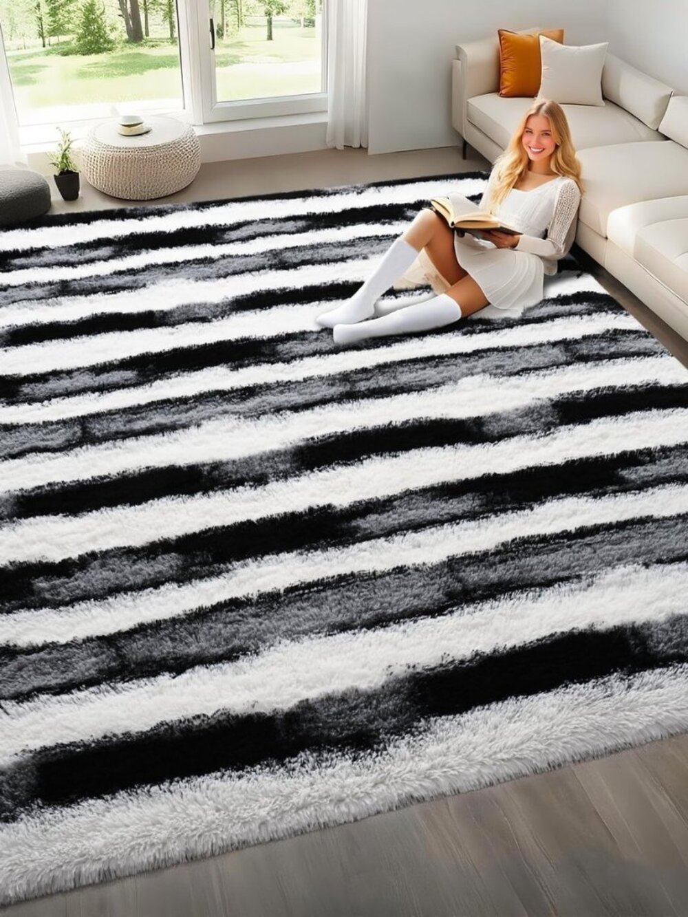Black and White Rugs for Living Room Bedroom, 5x7 Fluffy Soft Plush Area Rugs